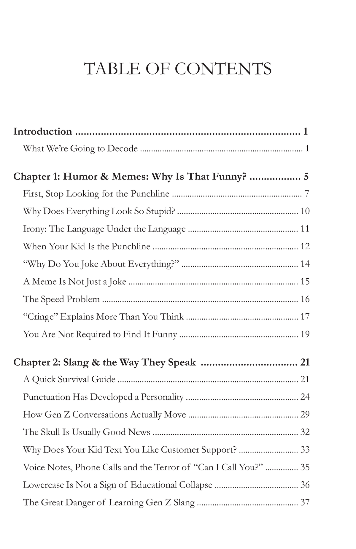 Table of contents page